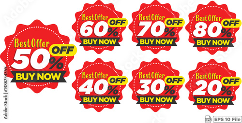 Best Offer Discount Badges - 20% to 80% Off - Buy Now - Red and Yellow Promotional Labels - EPS 10 File - Vector Graphics for Marketing and Sales