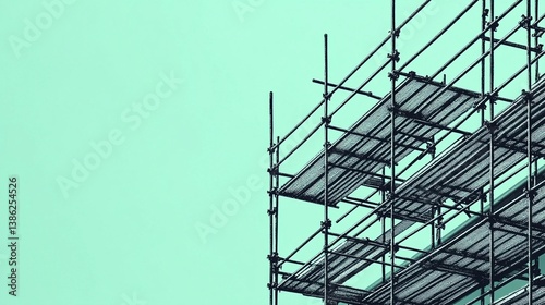 Scaffolding structure assembly against a light turquoise sky in an urban construction site