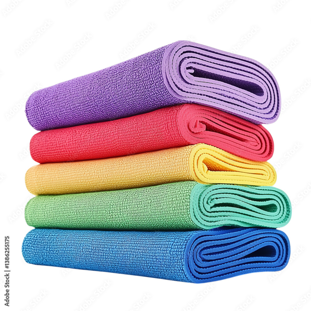 Stack of Colorful Microfiber Towels PNG: Blue, Green, Yellow, Orange, Red, and Purple. Stack of Colorful Microfiber Towels PNG: Blue, Green, Yellow, Orange, Red, and Purple.