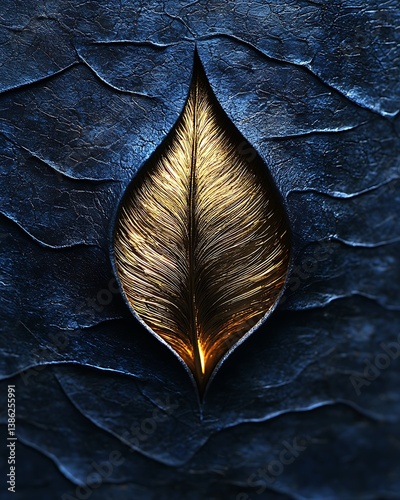 Gold foil luxury logo on textured deep blue background, embossed detailing, elegant shadows, sophisticated high-end branding