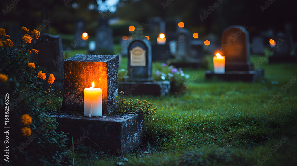 A peaceful graveyard scene with old graves, weathered stones, and a few glowing candles flickering in the dark night, symbolizing remembrance. A peaceful graveyard scene with old graves, weathered stones, and a few glowing candles flickering in the dark night, symbolizing remembrance.