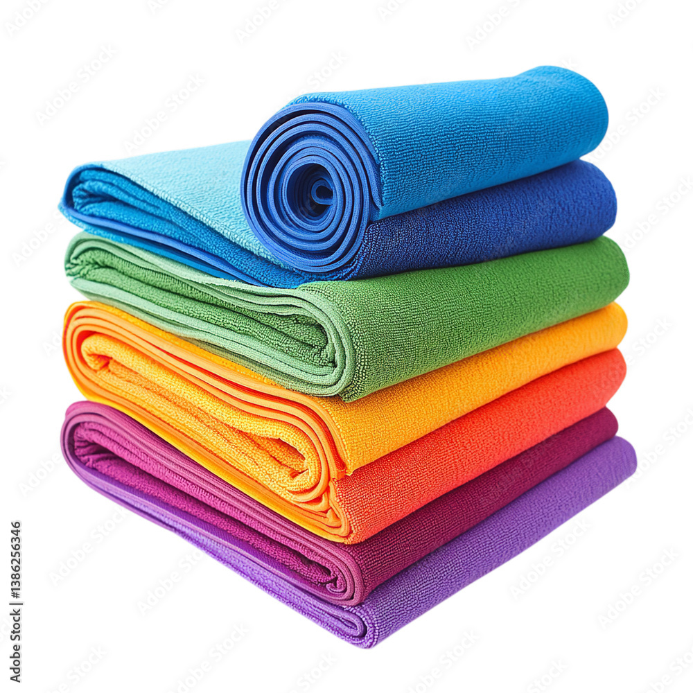 Stack of Colorful Microfiber Towels PNG: Blue, Green, Yellow, Orange, Red, and Purple. Stack of Colorful Microfiber Towels PNG: Blue, Green, Yellow, Orange, Red, and Purple.