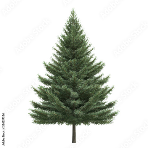 Evergreen conifer tree with detailed pine needles and symmetrical branches, isolated on  transparent background