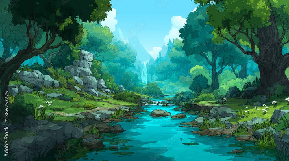 Fototapeta premium Seamless cartoon nature landscape, vector unending background with separated layers for game.