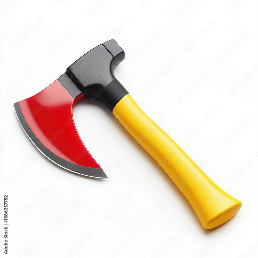 Bright firefighter axe with red steel blade and yellow handle on white background