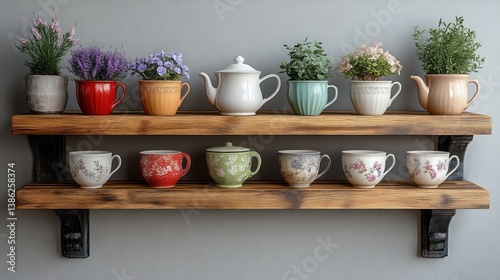 Wallpaper Mural Charming Shelving Display with Colorful Teacups and Potted Plants for Home Decor and Botanical Torontodigital.ca