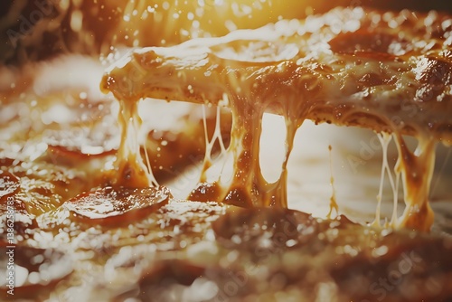 Mouthwatering pepperoni pizza slice with gooey, stringy cheese pull, perfect for food lovers and pizza enthusiasts. Get your slice now!