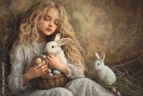 Curly girl holding an Easter bunny