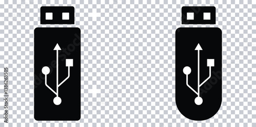 Black USB Flash Drive Icon Set – Flat Memory Stick Vector Symbols on Transparent Background.