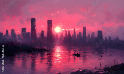 Pink sunset over a cityscape reflected in calm water; a lone boatman serenely floats
