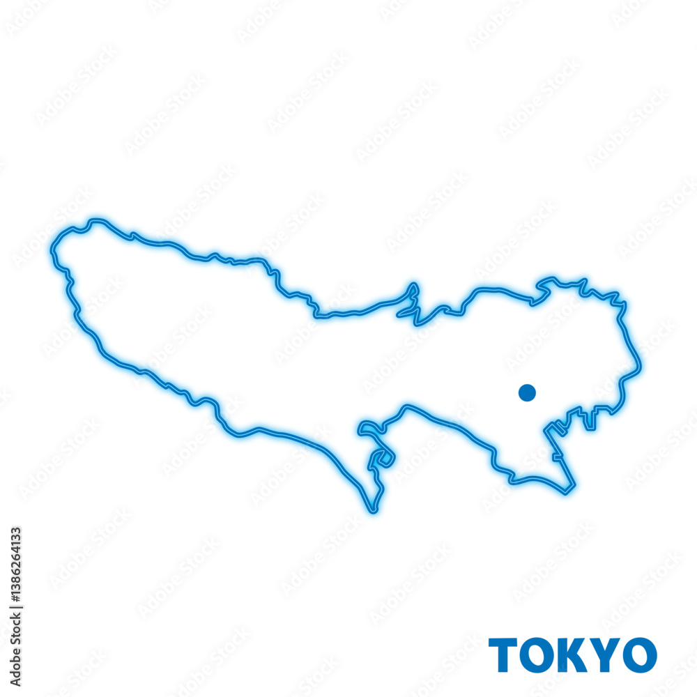 Obraz premium 日本の東京都の単独の地図イラスト 都道府県別のネオン調の線画 県庁所在地