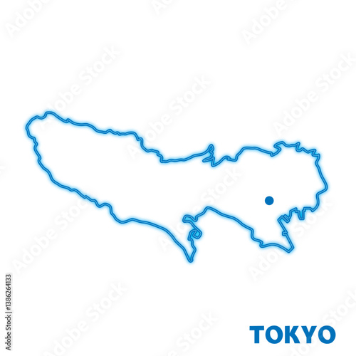 日本の東京都の単独の地図イラスト　都道府県別のネオン調の線画　県庁所在地