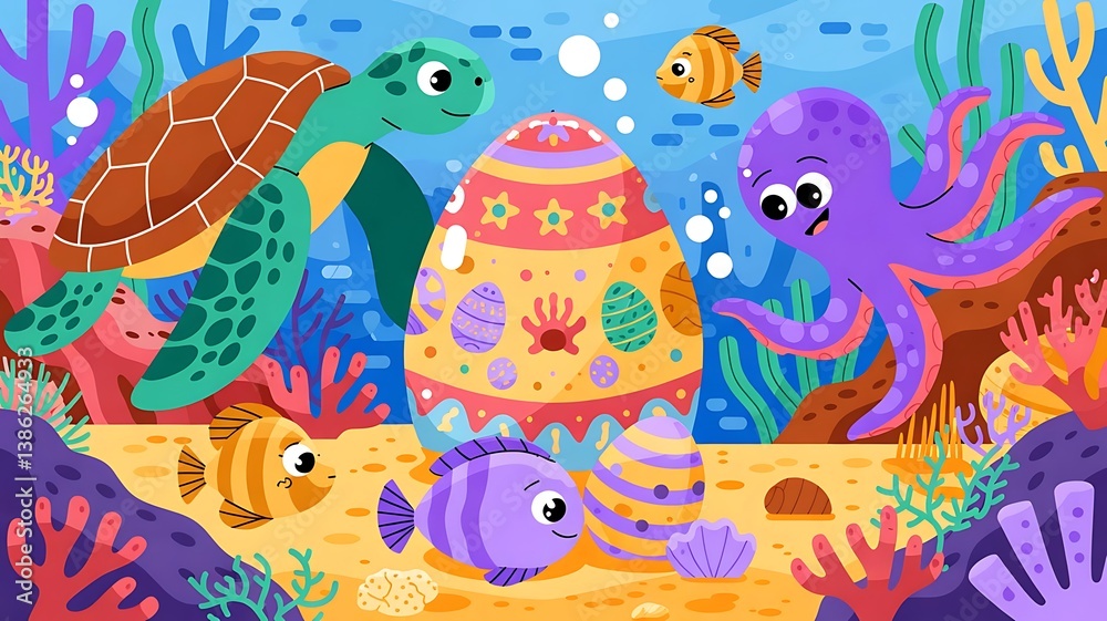 Obraz premium Underwater Easter Hunt with sea creatures discovering Easter eggs among coral reefs, aquatic life celebrate easter, created with generative ai
