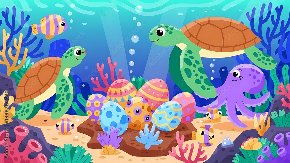 Naklejka premium Underwater Easter Hunt with sea creatures discovering Easter eggs among coral reefs, aquatic life celebrate easter, created with generative ai