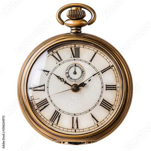 Traditional Brass Pocket Watch with Roman Numerals Isolated on Transparent Background