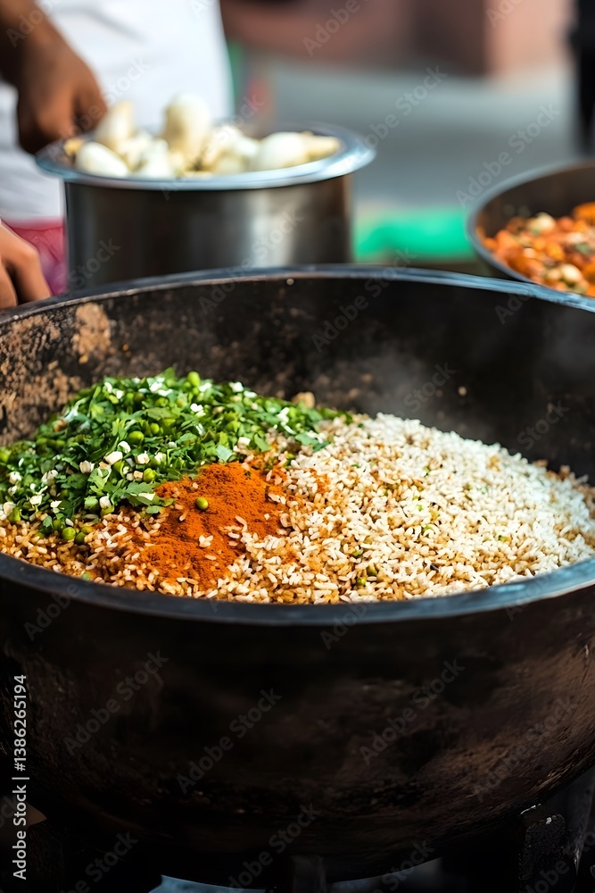 Spicy Rice Dish Preparation Street Food Cooking Pot Spicy Rice Dish Preparation Street Food Cooking Pot
