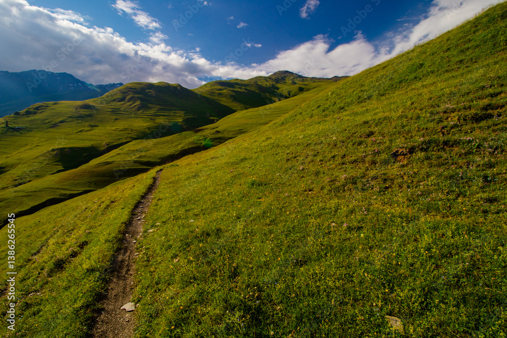 Naklejka premium Tusheti National Park in eastern Georgia. Mountains in Georgia. Caucasus in summer. Grassy green mountains.
