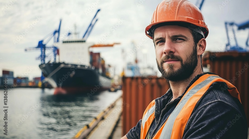 Dock worker stands confidently in front of a cargo ship, ready for another day of hard work.