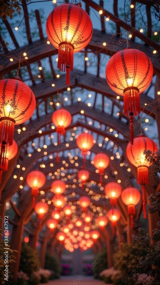 Enchanting red lanterns illuminate arbored pathway at dusk with festive ambiance Enchanting red lanterns illuminate arbored pathway at dusk with festive ambiance