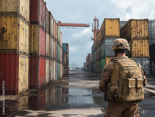 Soldier stands guard between stacks of shipping containers, ready for potential threats in the port area.