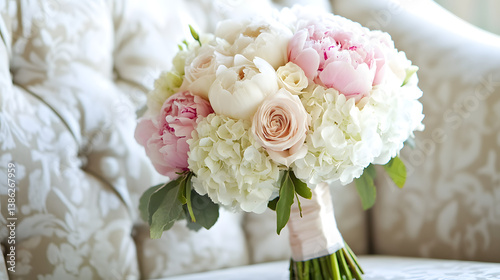 A romantic wedding bouquet with pastel pink roses, white peonies, and pale hydrangeas, tied with a satin ribbon, creating an elegant and timeless bridal arrangement.