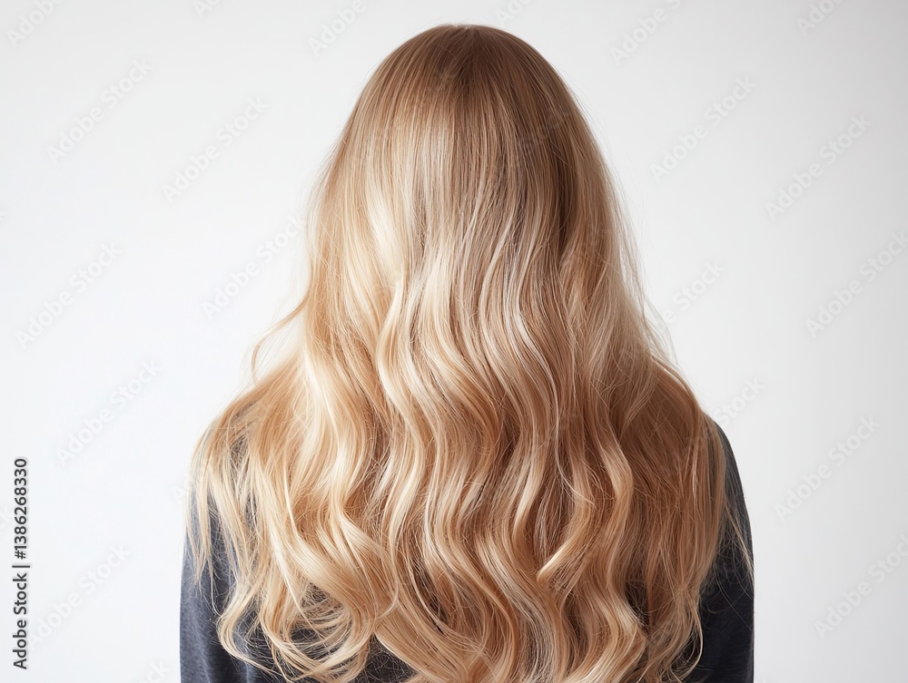 Fototapeta premium Flowing waves of golden blonde hair cascade down a woman's back, creating a soft and radiant effect.
