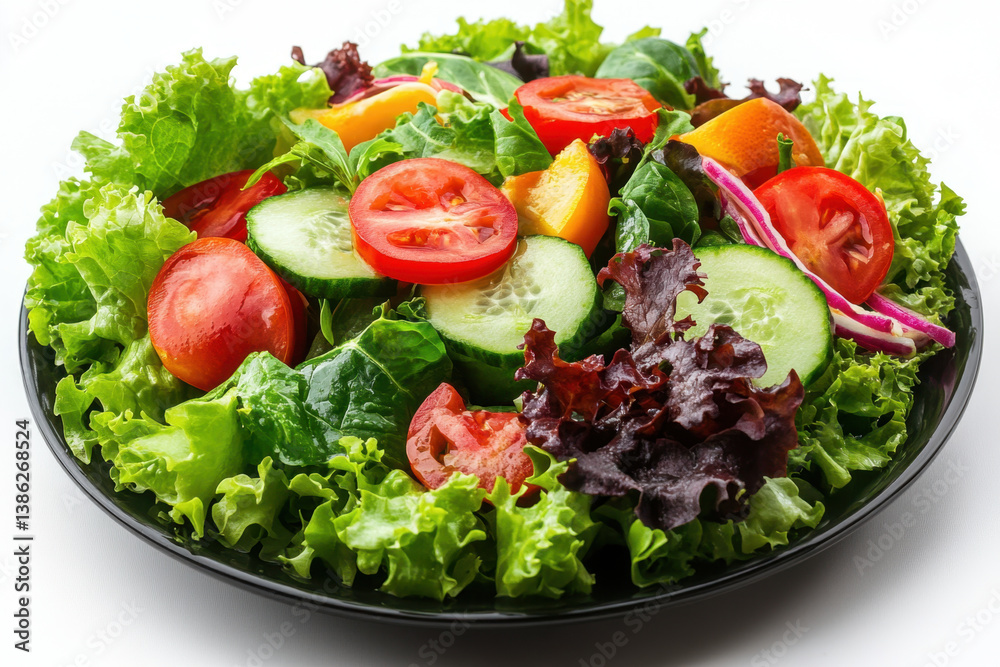 Salad with lettuce, tomatoes, and cucumbers on a white plate, with a fork next to it. Salad with lettuce, tomatoes, and cucumbers on a white plate, with a fork next to it.