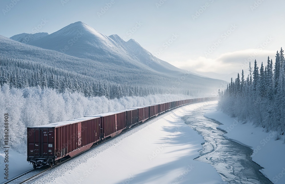Cargo train navigates a snow-covered landscape, mountains loom, evoking a scene of winter transport. Cargo train navigates a snow-covered landscape, mountains loom, evoking a scene of winter transport.