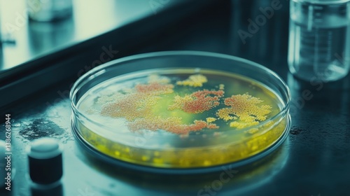 Colorful bacterial colonies in petri dish on laboratory bench