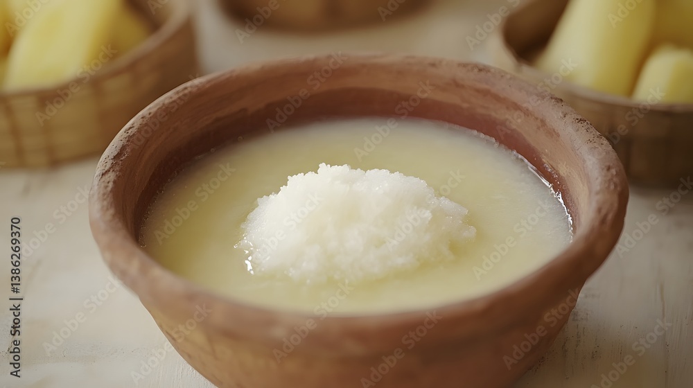 Creamy Cassava Ghee Soup in Clay Bowl, Traditional Food Creamy Cassava Ghee Soup in Clay Bowl, Traditional Food
