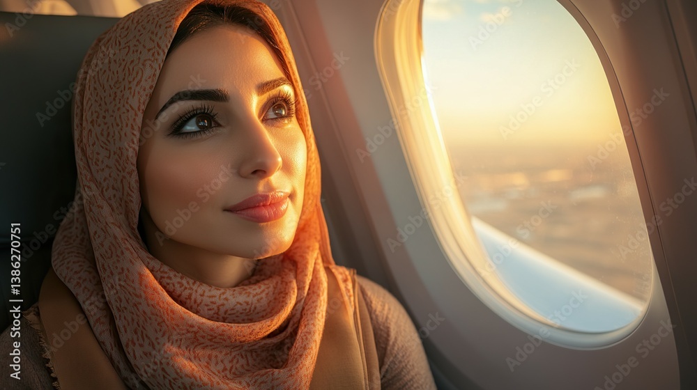 Woman in hijab gazes out airplane window at sunrise, dreaming of new destinations and exciting travels.