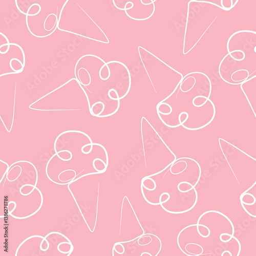 seamless pattern with simple icons of a cone with three scoops of ice cream in line art style drawn with one outline on a pink background