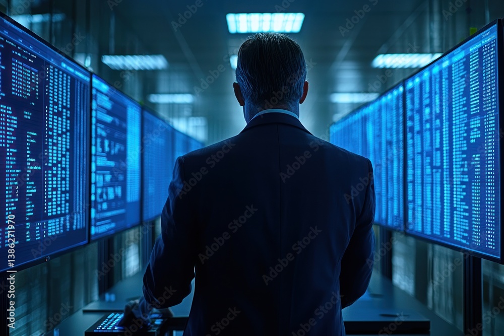 Businessman overseeing data streams Businessman overseeing data streams