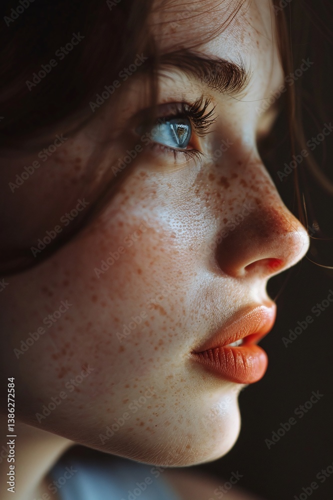 Profile portrait, close-up, youthful expression, freckles, introspective mood, serene lighting, textured skin, focus on eye Profile portrait, close-up, youthful expression, freckles, introspective mood, serene lighting, textured skin, focus on eye