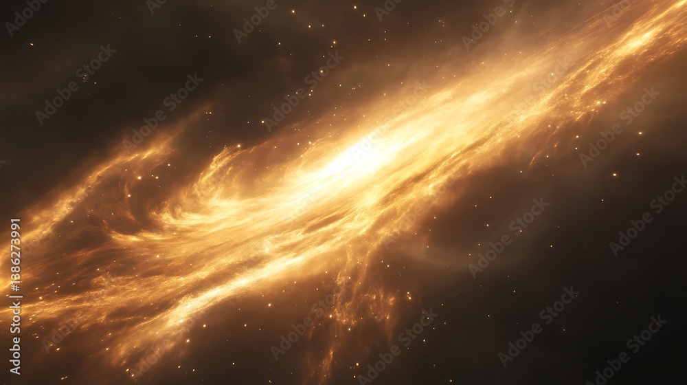 Bright swirling golden cosmic nebulosity fills the expansive darkness of space Bright swirling golden cosmic nebulosity fills the expansive darkness of space