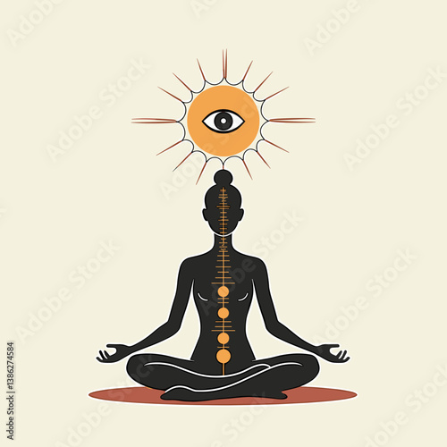 Meditating figure illustration, minimalist design, spiritual awareness, with eye and sun element