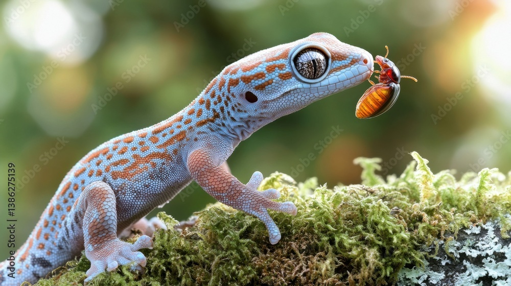 Naklejka premium Tokay gecko eating an insect on a mossy branch