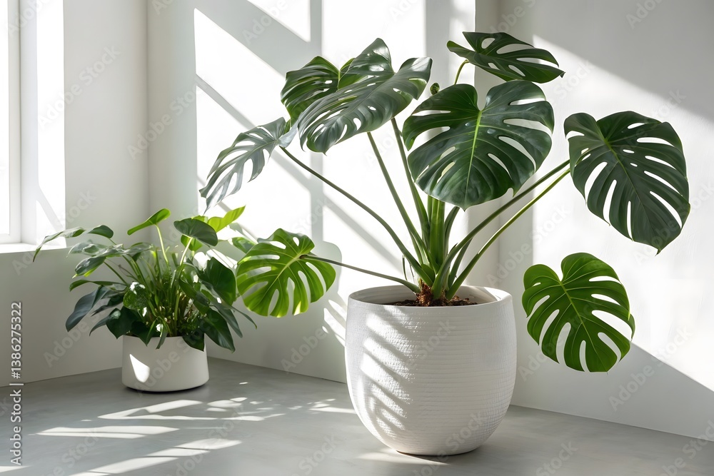 Fototapeta premium Monstera Deliciosa Indoor Plant in White Pot with Sunlight Shadows