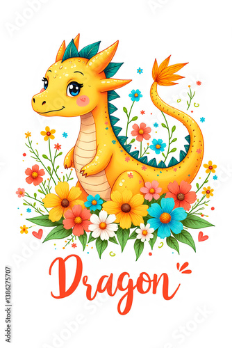 new year dragon Cute Yellow Dragon Sitting Among Colorful Flowers.