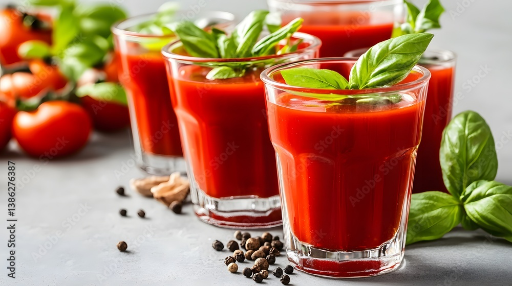 Fresh Tomato Juice Shots with Basil Garnish Fresh Tomato Juice Shots with Basil Garnish
