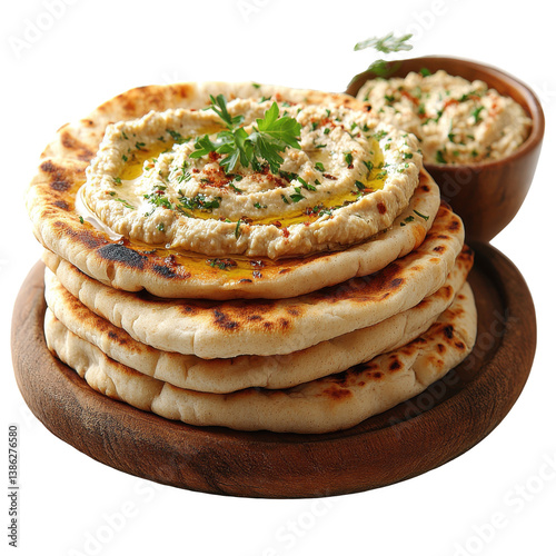 A stack of pita bread with hummus isolated on white background.PNG photo