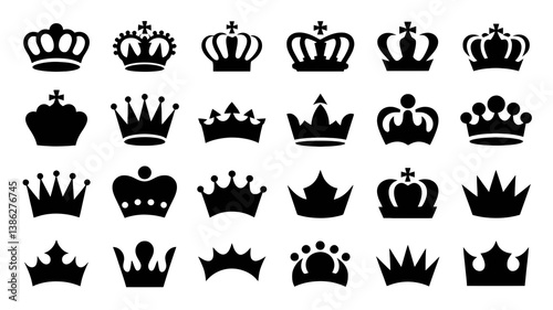 A collection of various black crown silhouettes showcases diverse designs and styles in a grid forma