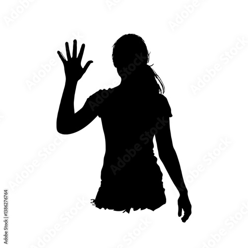 Silhouette of a woman raising her hand in greeting, isolated on a white background. The image conveys a welcoming or farewell gesture