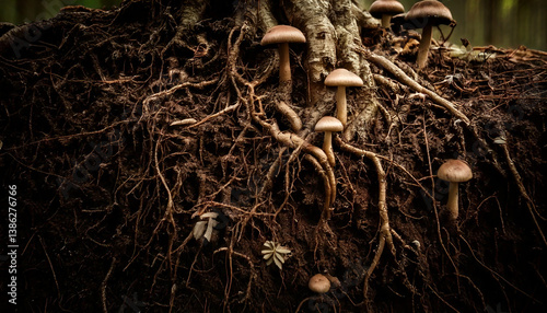 Mushrooms grow on tree roots in forest setting