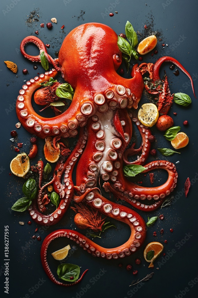 Obraz premium Large cooked octopus lying on dark background surrounded by herbs and spices