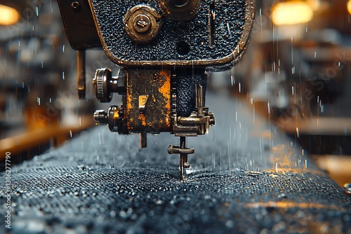 Industrial sewing machine stitching canvas fabric, macro perspective, mechanical precision, hard shadows, functional and crafted aesthetic