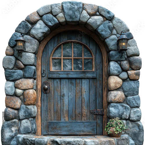 A stone-framed arched door with rusty accents isolated on white background.PNG photo