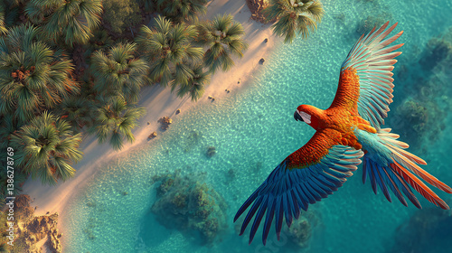 Beautiful colorful parrot flying over tropical island with sandy beach and turquoise ocean.
