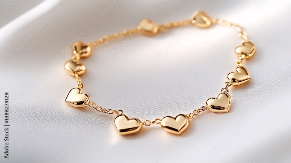 Golden bracelet with hearts is lying on white silk fabric Golden bracelet with hearts is lying on white silk fabric