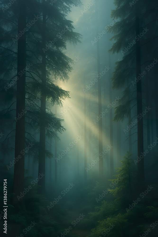 Mystical green forest illuminated by soft morning sunlight through fog